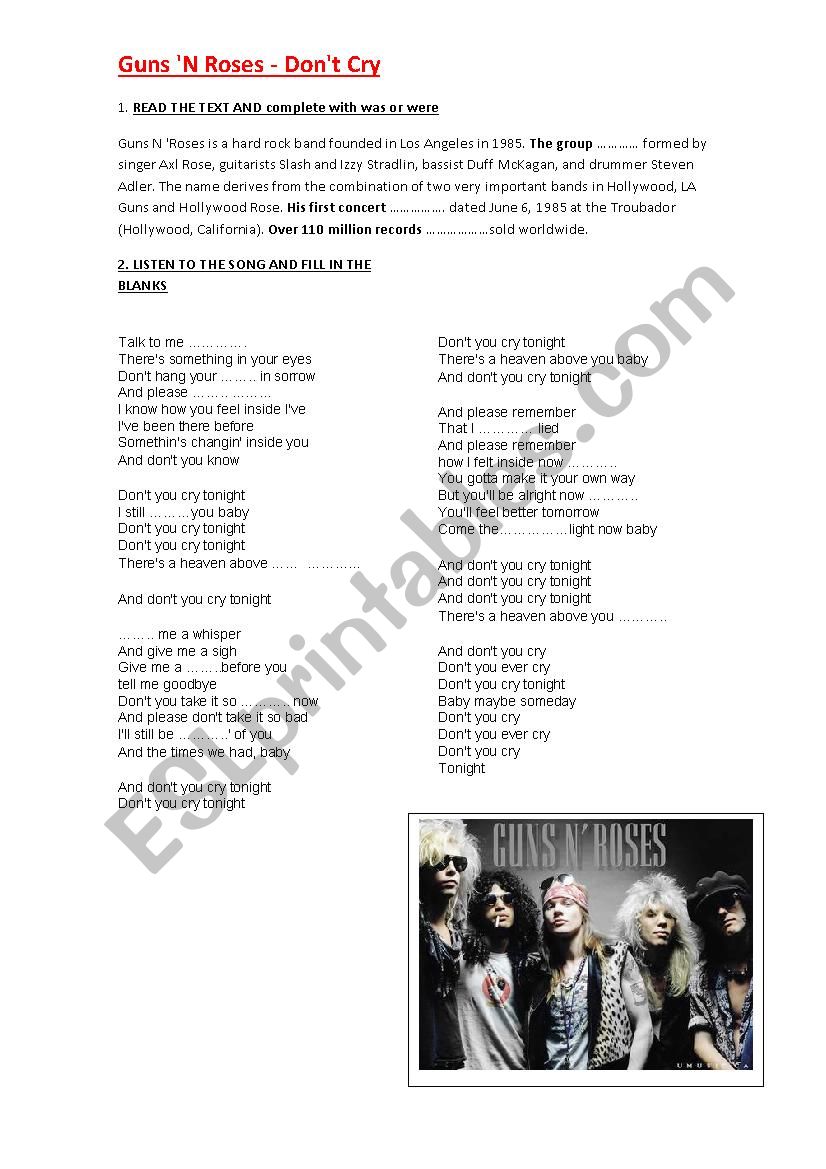 don`t cry GUNS AND ROSES worksheet